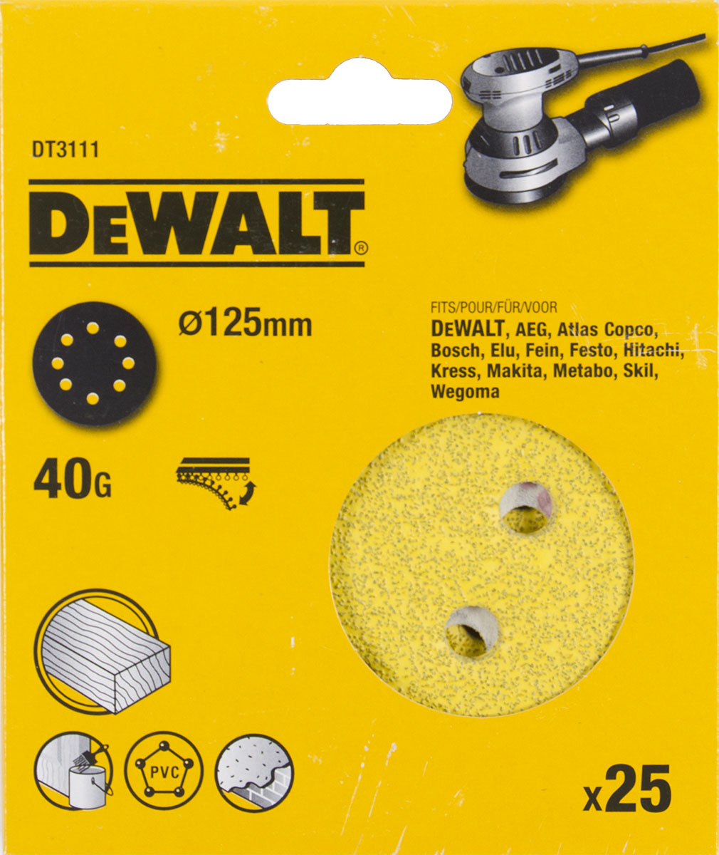 Шлифовальные круги DEWALT DT3111, 125 мм, 8 отверстий, 40G, 25 шт. DT3111-QZ