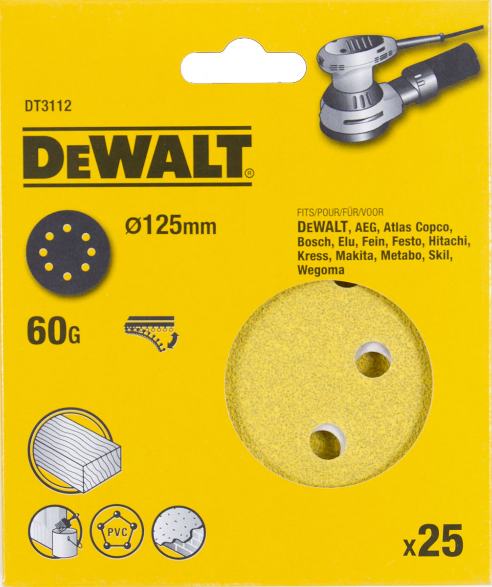 Шлифовальные круги DEWALT DT3112, 125 мм, 8 отверстий, 60G, 25 шт. DT3112-QZ
