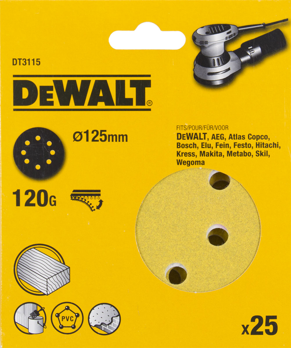 Шлифовальные круги DEWALT DT3115, 125 мм, 8 отверстий, 120G, 25 шт. DT3115-QZ