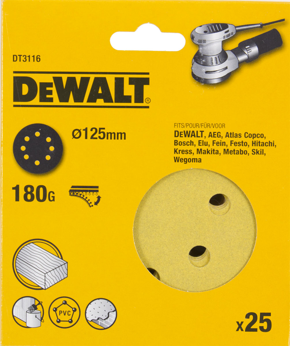 Шлифовальные круги DEWALT DT3116, 125 мм, 8 отверстий, 180G, 25 шт. DT3116-QZ