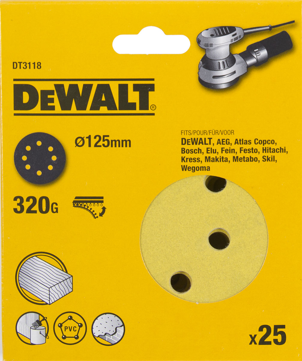 Шлифовальные круги DEWALT DT3118, 125 мм, 8 отверстий, 320G, 25 шт. DT3118-QZ