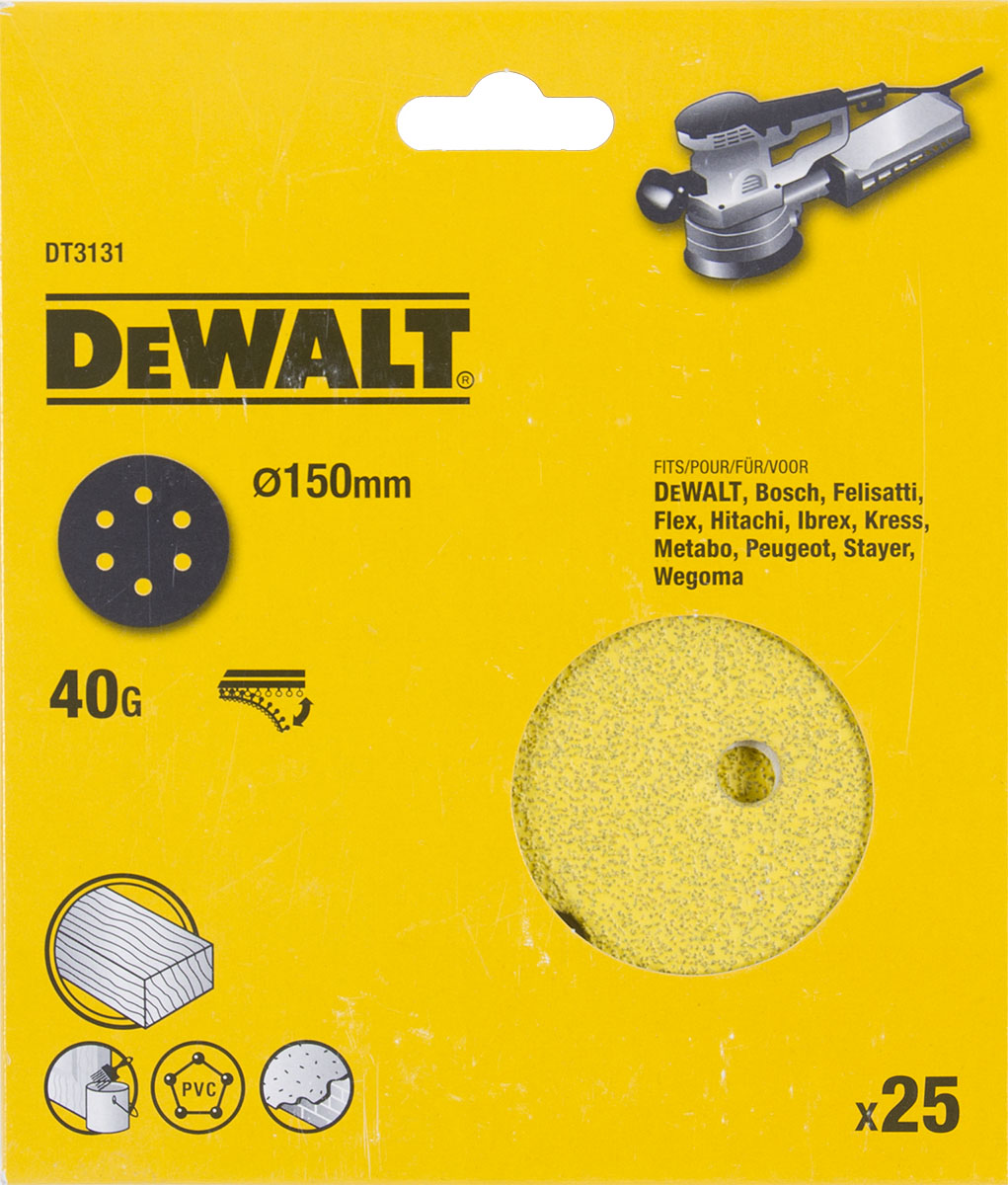 Шлифовальные круги DEWALT DT3131, 150 мм, 6 отверстий, 40G, 25 шт. DT3131-QZ