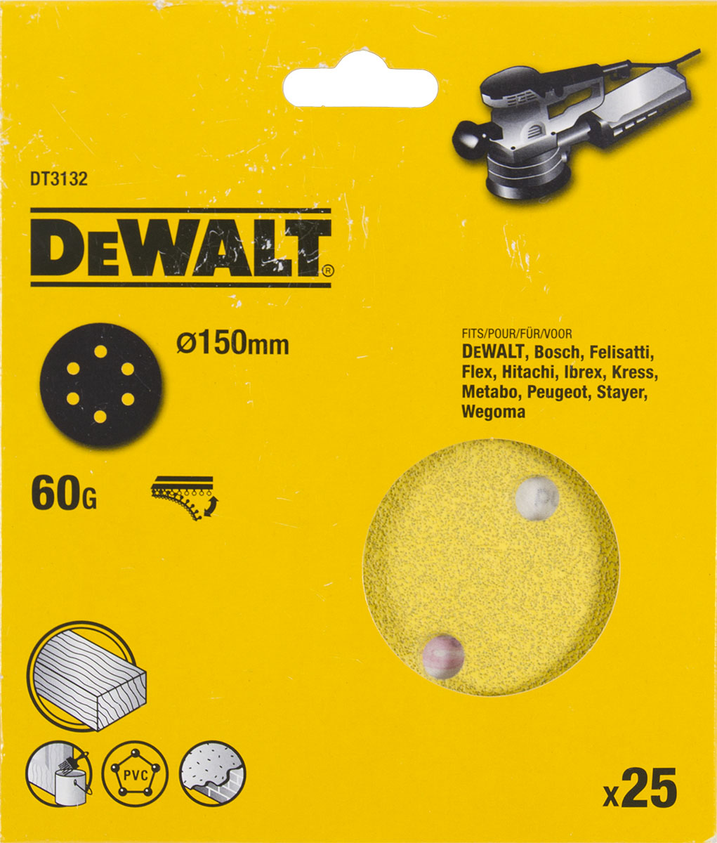 Шлифовальные круги DEWALT DT3132, 150 мм, 6 отверстий, 60G, 25 шт. DT3132-QZ