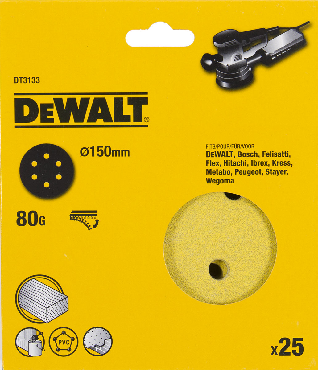 Шлифовальные круги DEWALT DT3133, 150 мм, 6 отверстий, 80G, 25 шт. DT3133-QZ