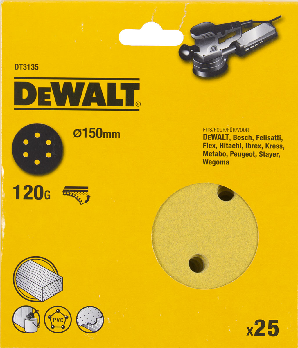 Шлифовальные круги DEWALT DT3135, 150 мм, 6 отверстий, 120G, 25 шт. DT3135-QZ