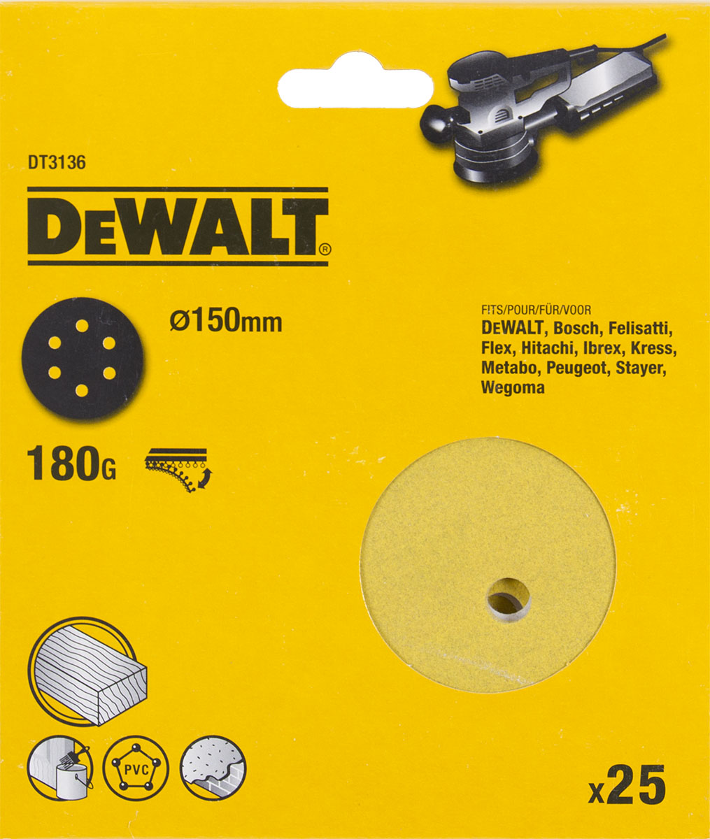 Шлифовальные круги DEWALT DT3136, 150 мм, 6 отверстий, 180G, 25 шт. DT3136-QZ