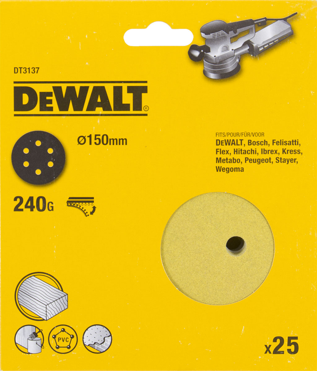 Шлифовальные круги DEWALT DT3137, 150 мм, 6 отверстий, 240G, 25 шт. DT3137-QZ