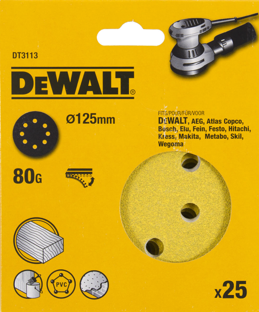 Шлифовальные круги DEWALT DT3113, 125 мм, 8 отверстий, 80G, 25 шт. DT3113-QZ